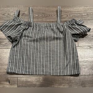 Love Tree Off Shoulder Tie Sleeve Cropped Gray White Striped Blouse Size Large